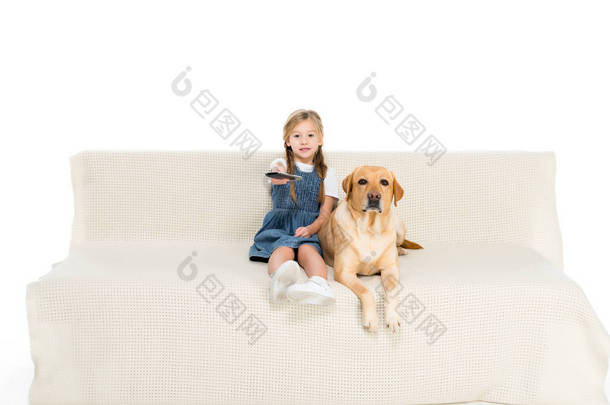 孩子和狗看电视在沙发上, 隔绝在白色