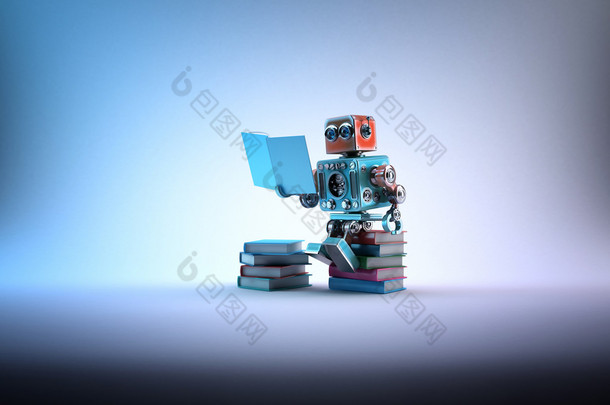 坐在一堆书上<strong>的</strong>机器人。包含剪切路径