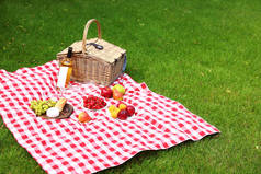 园中的野餐篮，装有产品和酒瓶，铺在格子毯子上