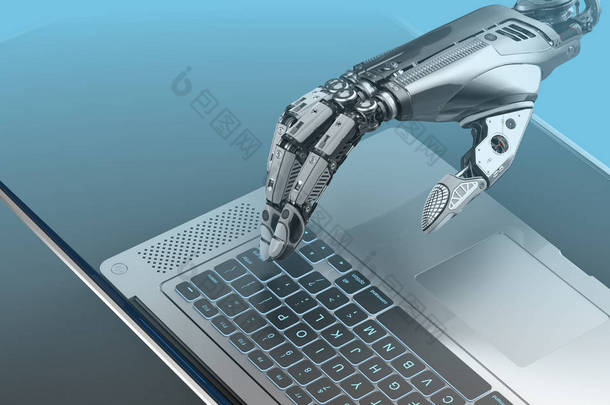 机器人手臂与金属笔记本电脑，人工智能3D渲染