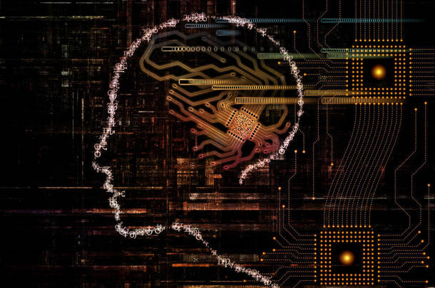 Cpu 情怀系列。人脸的轮廓和技术符号关于计算机科学、 人工智能和通信主题的<strong>背景</strong>设计