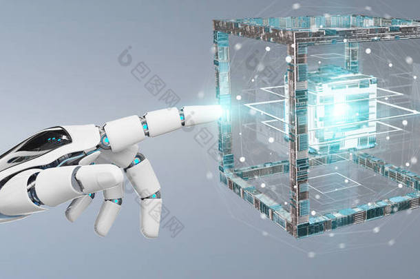 白色机器人手在模糊背景下创建未来技术结构3d 渲染
