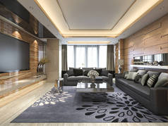3d 渲染奢华和现代客厅里的真皮沙发