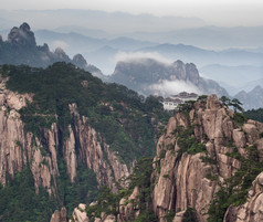 Huangshan mountain and Chinese style house at Yellow Mountain. China, Asia