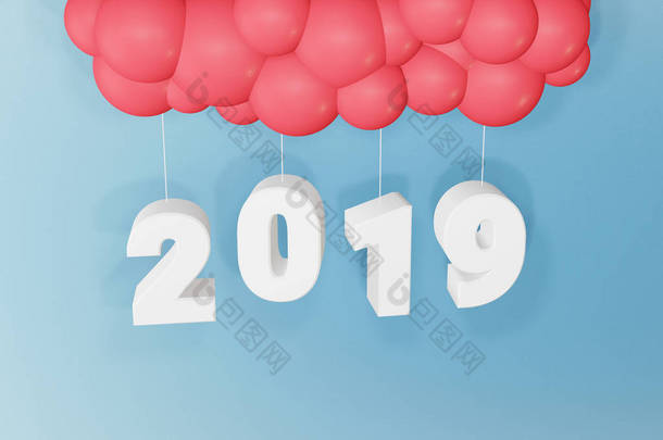 2019年新年快乐, 文字设计和气球上的蓝色背景与复制空间, 创建自定义贺卡给予特殊场合, 如圣诞节或其他假期, 3d 渲染.