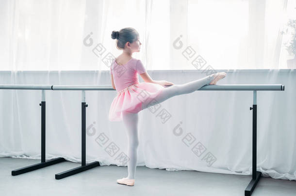 在芭蕾学校的粉红色芭蕾舞短裙的小孩子的后面看法