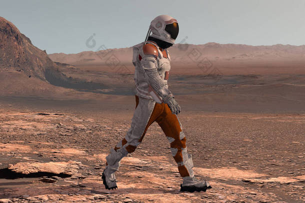 宇航员穿着太空服行走在火星表面。火星探险任务。未来主义的殖民化和空间探索概念。3d渲染