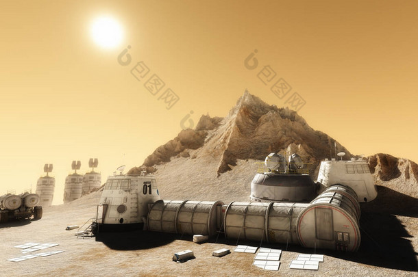 栖息地的研究和居住的处所在荒凉的行星<strong>火星</strong>。3d 渲染插图 