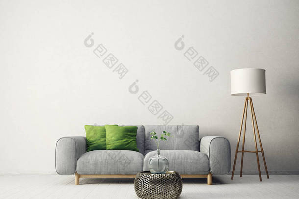 现代客厅有沙发, 绿色的枕头和灯。斯堪的纳维亚室内设计家具。3d 渲染插图