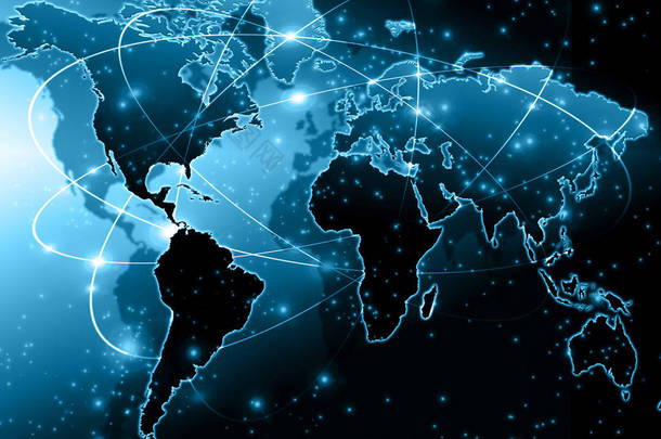 世界地图上的<strong>科技背景</strong>，发光线符号的互联网、 广播、 电视、 移动和卫星通信.