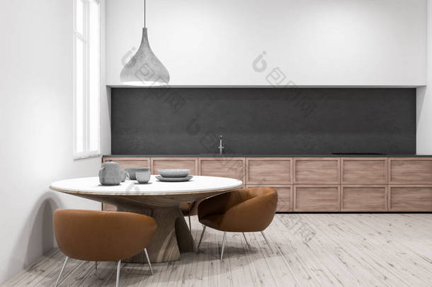 现代化的厨房, 白色的墙壁, 木地板, 灰色和木制的台面和圆桌与棕色扶手椅附近。3d 渲染