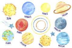 水彩画太阳系和行星