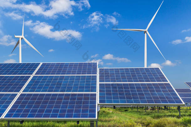 太阳能电池和风力涡轮机发电的电站 