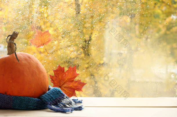 成熟的南瓜裹在一条羊毛围巾旁边的窗口与秋季<strong>景观</strong>/节日礼服为一个快乐的万圣节