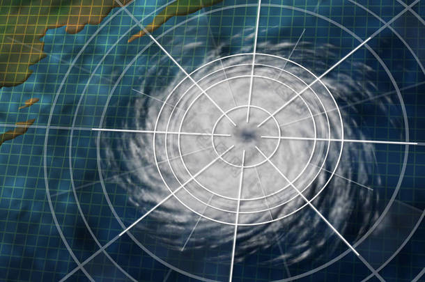 飓风图形与数字监测分析图作为一个危险<strong>的</strong>自然灾害天气系统在海洋海岸<strong>的</strong>3d 例证样式.