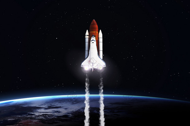 High resolution image of Space shuttle taking off on mission. Elements furnished by NASA