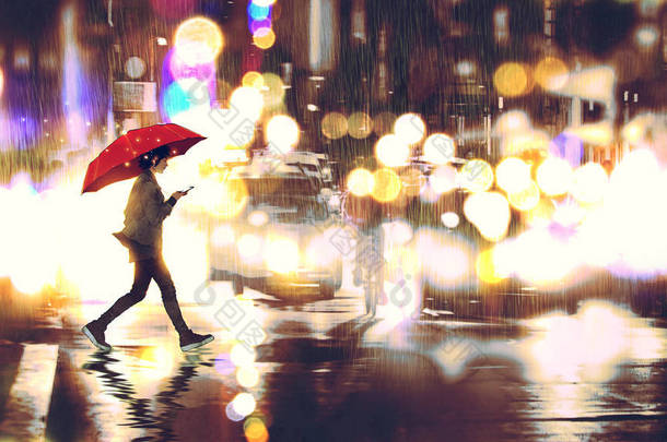 年轻妇女听音乐在她的电话和拿着一把红色雨伞横跨城市街道在雨夜, 数字艺术样式, 例证绘画