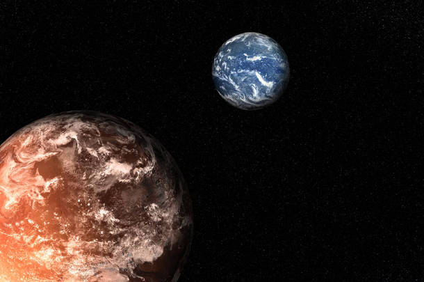 太阳系的行星一起在太空中。有大气的地球和火星。科幻小说壁纸。这张<strong>照片</strong>的内容是由NASA提供的.