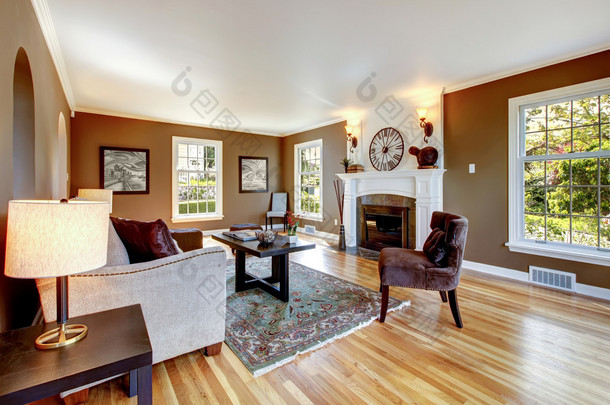 经典棕色和白色客厅与硬木地板.