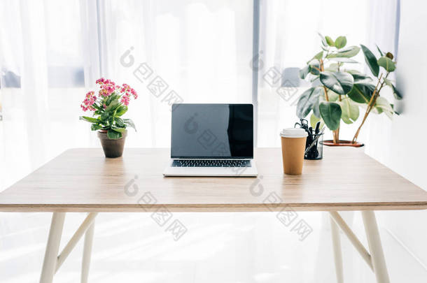 带空白屏幕的笔记本电脑, 咖啡杯, 鲜花和文具在桌前视图 