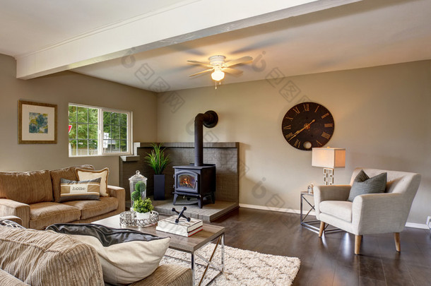 现代的客厅的壁炉和毛茸茸的地毯.