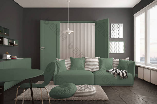 斯堪的纳维亚现代客厅与厨房, <strong>餐桌</strong>, 沙发和毯子枕头, 简约白色和绿色建筑室内设计
