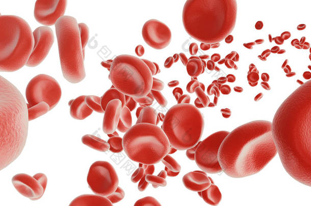 抽象的红血细胞，科学或医学或<strong>微生物</strong>的概念，在白色背景上孤立的 3d 渲染