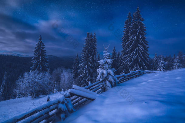 阿尔卑斯山谷在夜间被雪覆盖