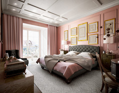 现代设计的粉色和棕色的主卧室。3d 这