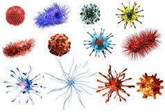     病毒和细菌大集合。病毒和细菌分离在白色背景上的详细医疗插图 