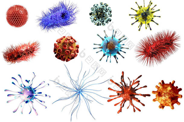     病毒和细菌大集合。病毒和细菌分离在白色背景上的详细医疗插图 
