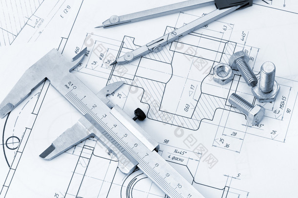 计划工业详细信息、 螺丝、 卡尺、 分隔线。一张照片