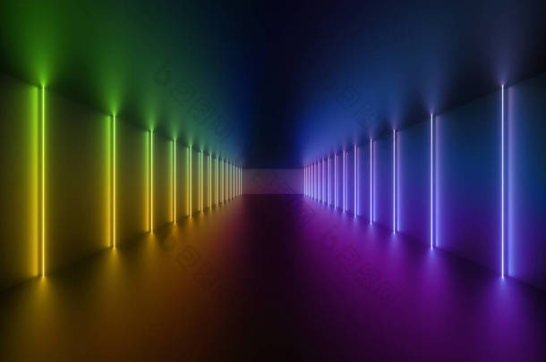 3d 渲染, 发光线, 霓虹灯, 抽象的迷幻背景, 走廊, 隧道, 紫外线, 频谱鲜艳的颜色, 激光显示