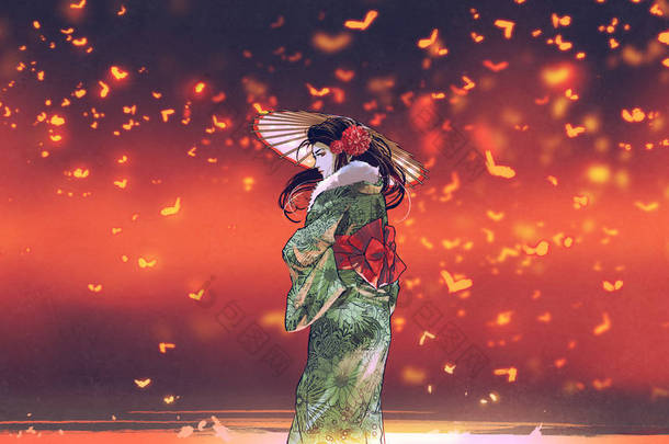 穿着日本传统服装的年轻亚洲女孩拿着一把伞站在幻想的地方与发光的昆虫<strong>飞来</strong>飞去, 数字艺术风格, 插图画