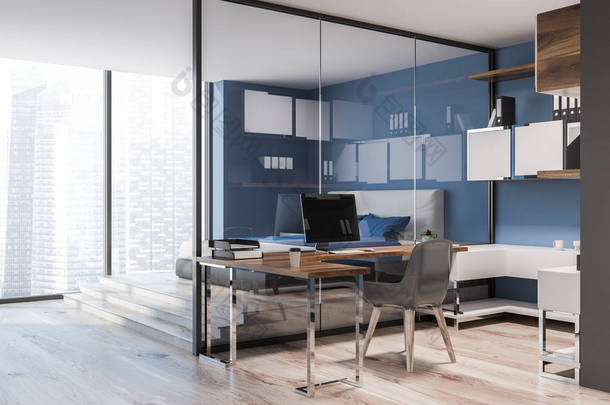 紧凑的<strong>家</strong>庭办公室内部与深蓝色和木墙和电脑办公桌在<strong>一个</strong>卧室。自由工作的侧面观点概念。3d 渲染模拟
