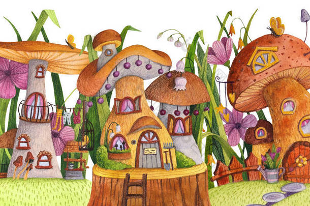 街道上的蘑菇房子,有草,花,蝴蝶,嵌套箱,栅栏,横幅和井.水彩画和彩色铅笔插图.