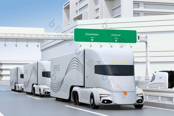 一队自驾电动半<strong>卡车</strong>在高速<strong>公路</strong>上行驶。3d 渲染图像.