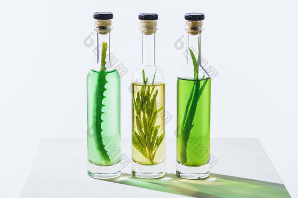 透明瓶的基本绿色和黄色的油与植物在白色表面