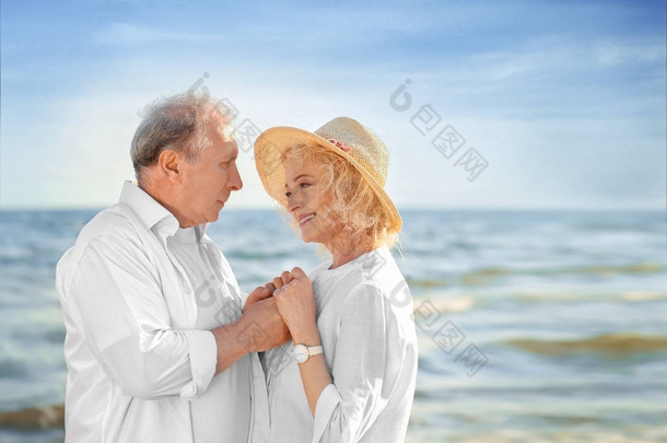 <strong>海</strong>岸边的一对快乐的高级夫妇