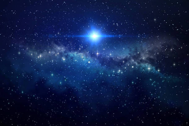 明亮的<strong>蓝</strong>星闪耀在深太空中, 星群背后的恒星爆炸。高分辨率银河背景.