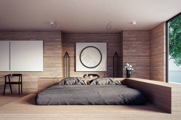 阁楼和现代卧室-绘制室内 / 3d 渲染室内