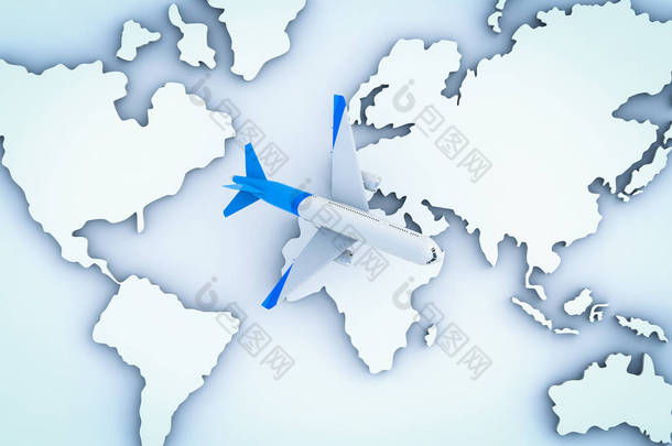 世界地图上空飞行的飞机