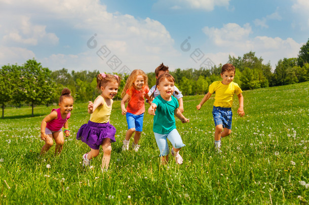 在<strong>暑假</strong>期间玩孩子们在绿色的田野
