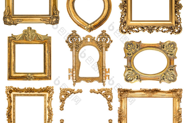 金色的框架集。巴洛克风格古色古香的对象