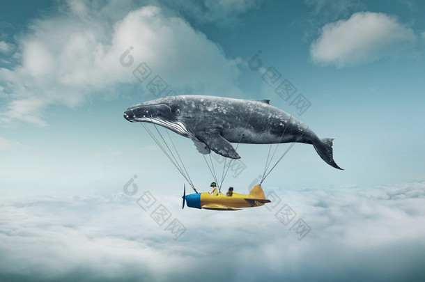 whale with aircraft and two girls over clouds