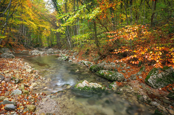 美丽的秋天风<strong>景</strong>山区河流与多彩树