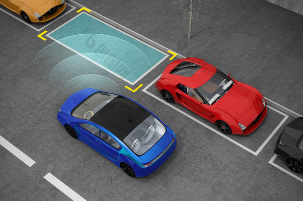 蓝色电动车车开进停车场与停车辅助系统
