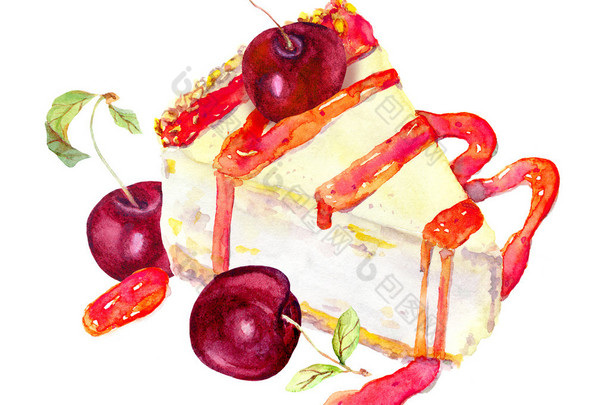 乳酪蛋糕樱桃和果酱。水彩