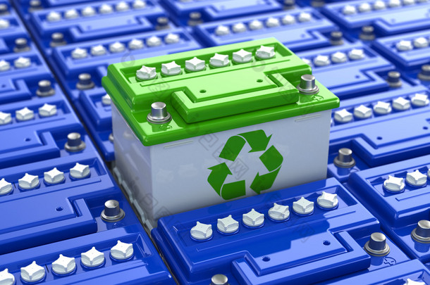汽车电池回收。绿色能源。蓄能器的背景