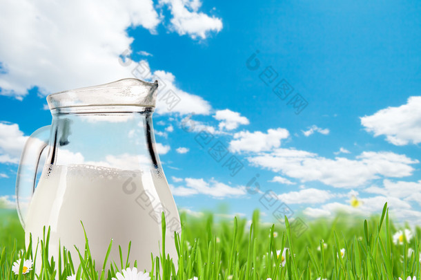 与玻璃在草丛中的<strong>牛奶</strong>罐